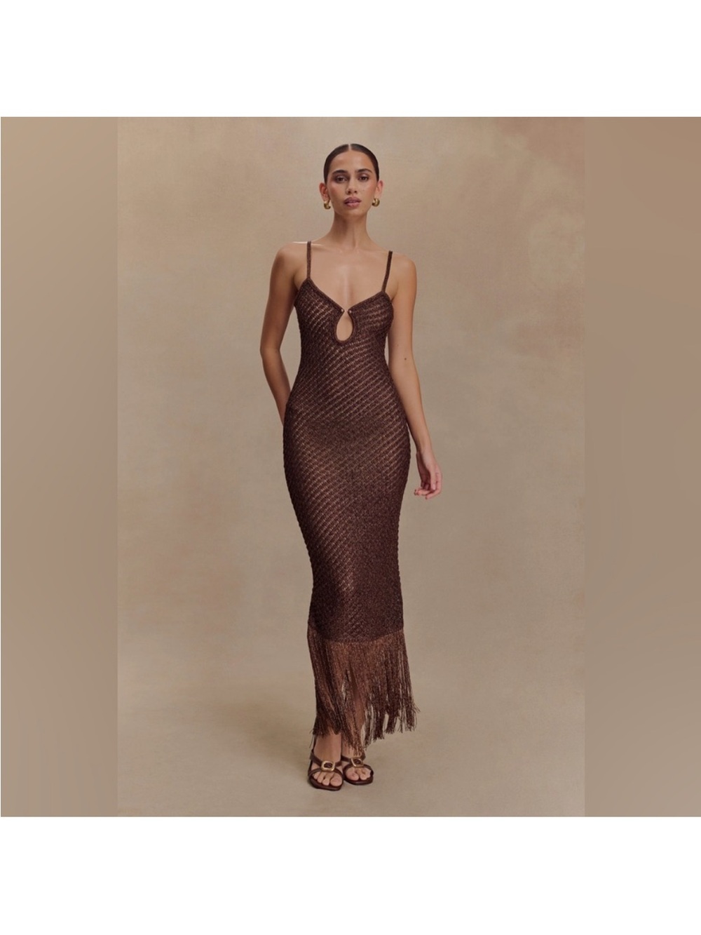 Meshki Chocolate Brown Fringe Knit Maxi Dress